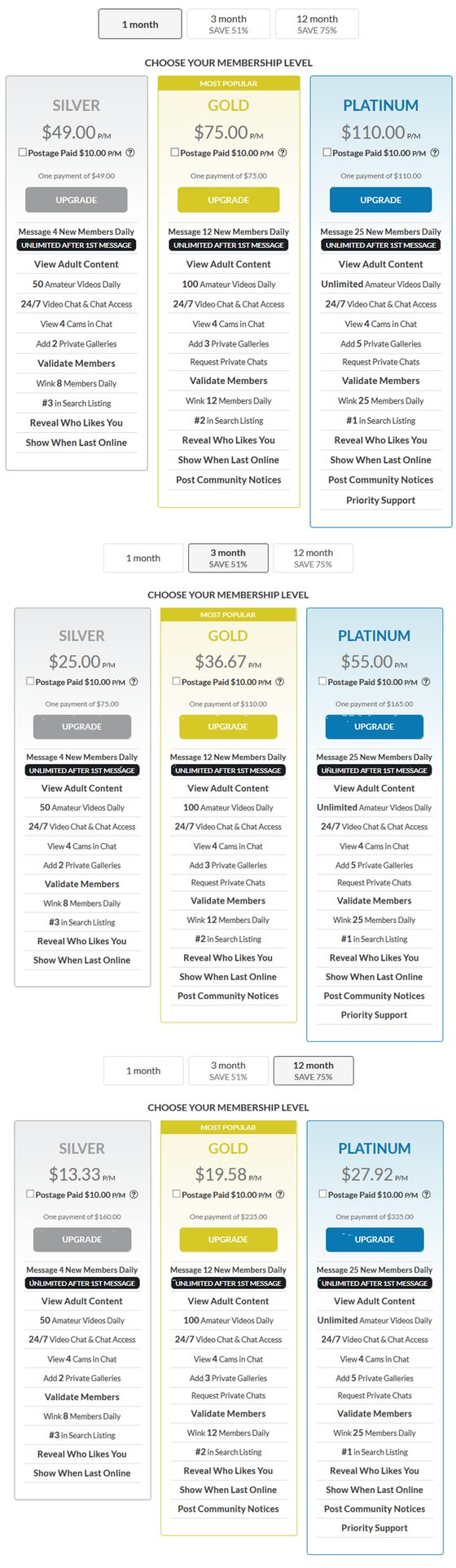 Screenshot of the AdultMatchMaker prices