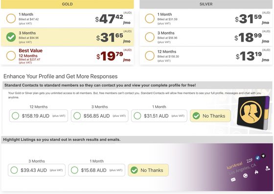 Screenshot of the Alt.com prices