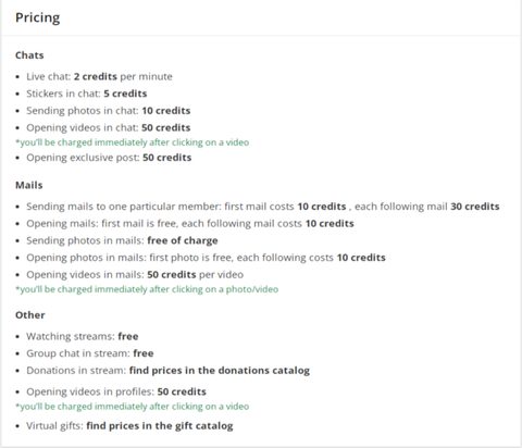 Screenshot of the Amourfeel prices