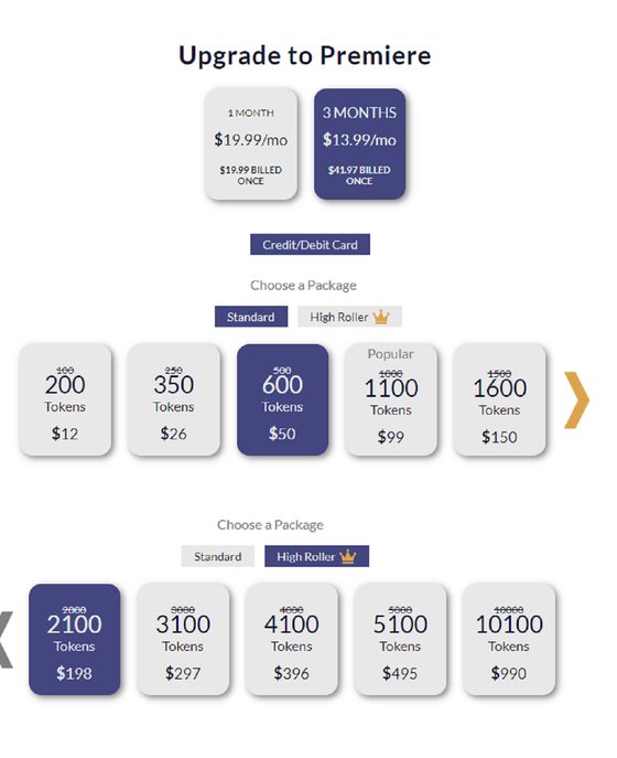 Screenshot of the Cams.com prices