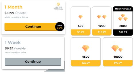 Screenshot of the Chatspin prices