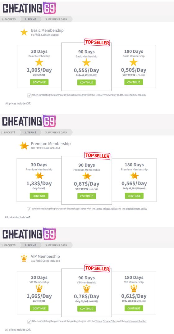 Screenshot of the Cheating69 prices
