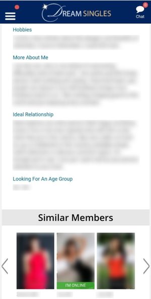 DreamSingles Profile Mobile Female Hobbies and Interests