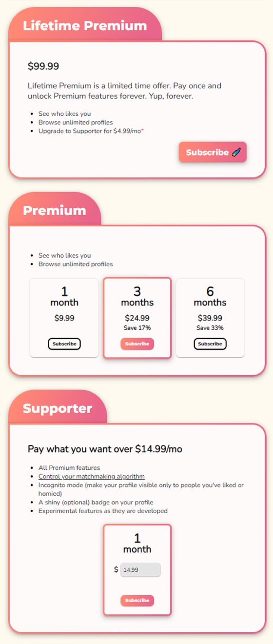Screenshot of the Flirtual prices