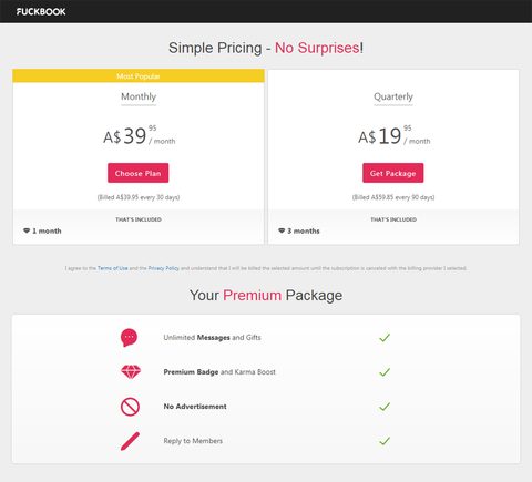 Screenshot of the Fuckbook prices