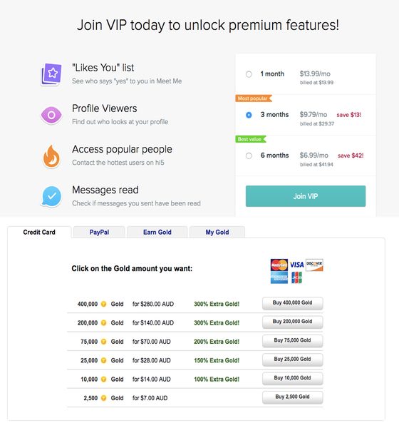 Screenshot of the hi5 prices