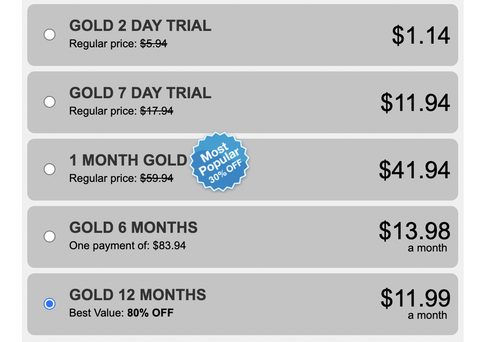 Screenshot of the Instabang prices