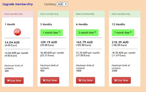 Screenshot of the LatinLove prices