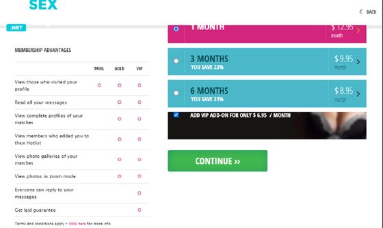 Screenshot of the My Sex Search prices