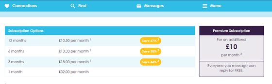 Screenshot of the MySingleFriend prices