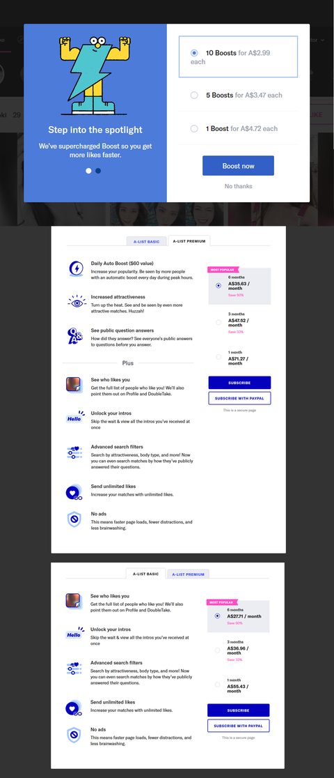 Screenshot of the OkCupid prices