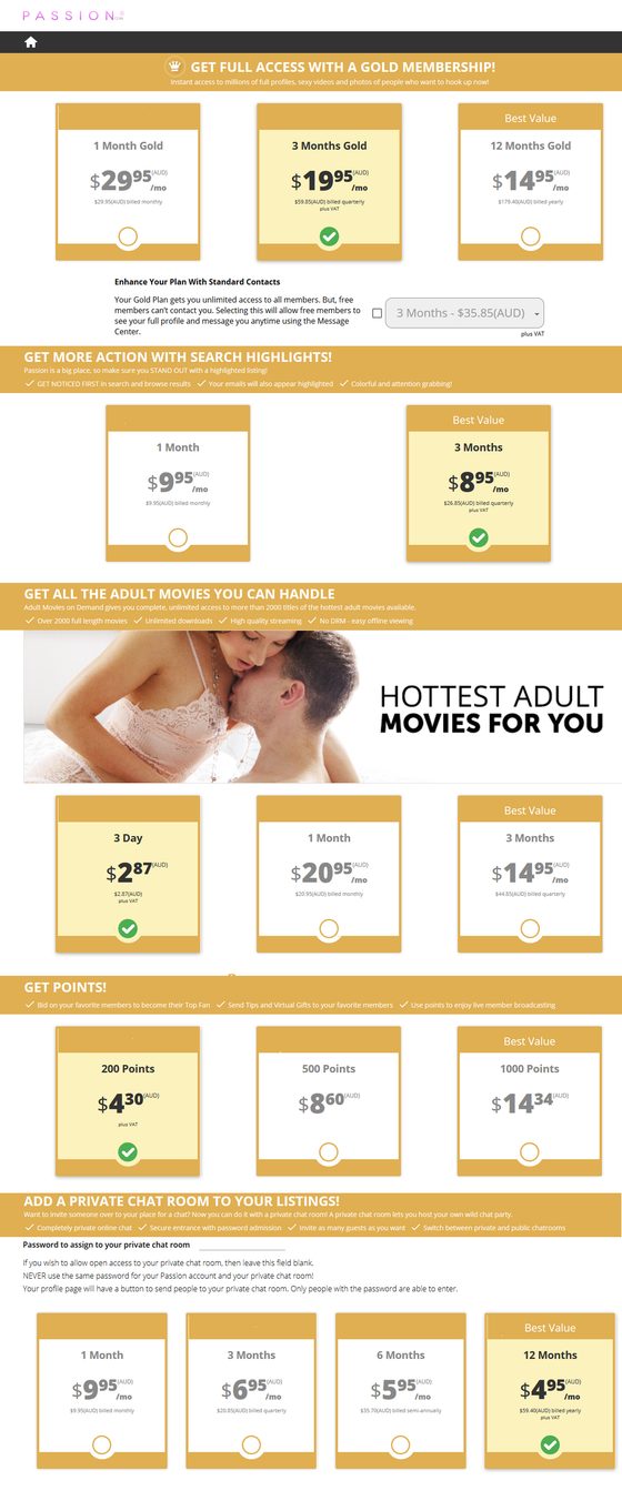 Screenshot of the Passion.com prices
