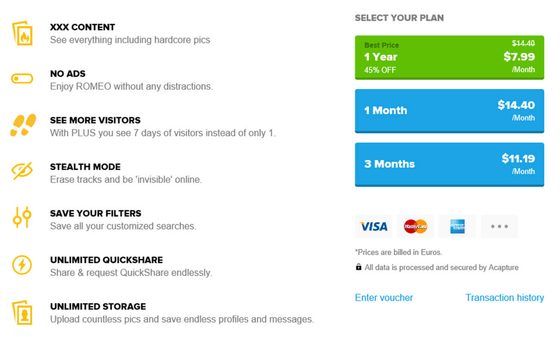 Screenshot of the PlanetRomeo prices