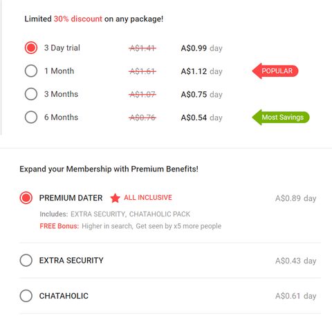 Screenshot of the QuickFlirt prices