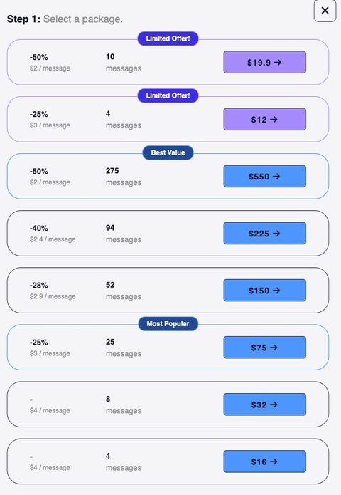 Screenshot of the SexMessenger prices