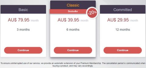 Screenshot of the 60sDating prices