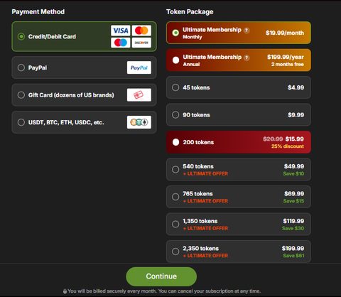 Screenshot of the Stripchat prices