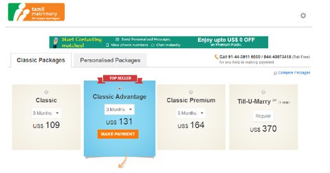 Screenshot of the Tamil Matrimony prices