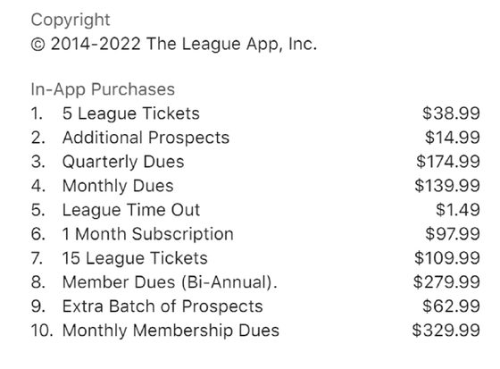 Screenshot of the The League prices