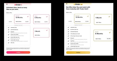 Screenshot of the Tinder prices