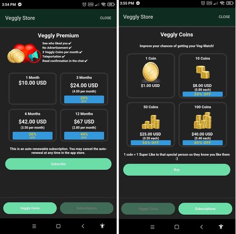 Screenshot of the Veggly prices