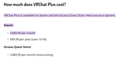 Screenshot of the VRChat prices