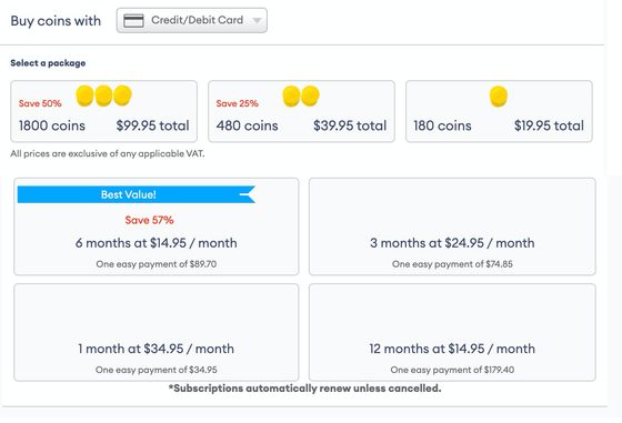 Screenshot of the Zoosk prices